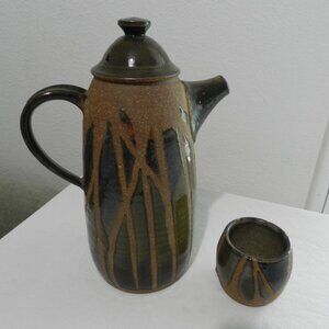 Mounce handcrafted ceramic pitcher & single serve teacup set, drip glaze finish